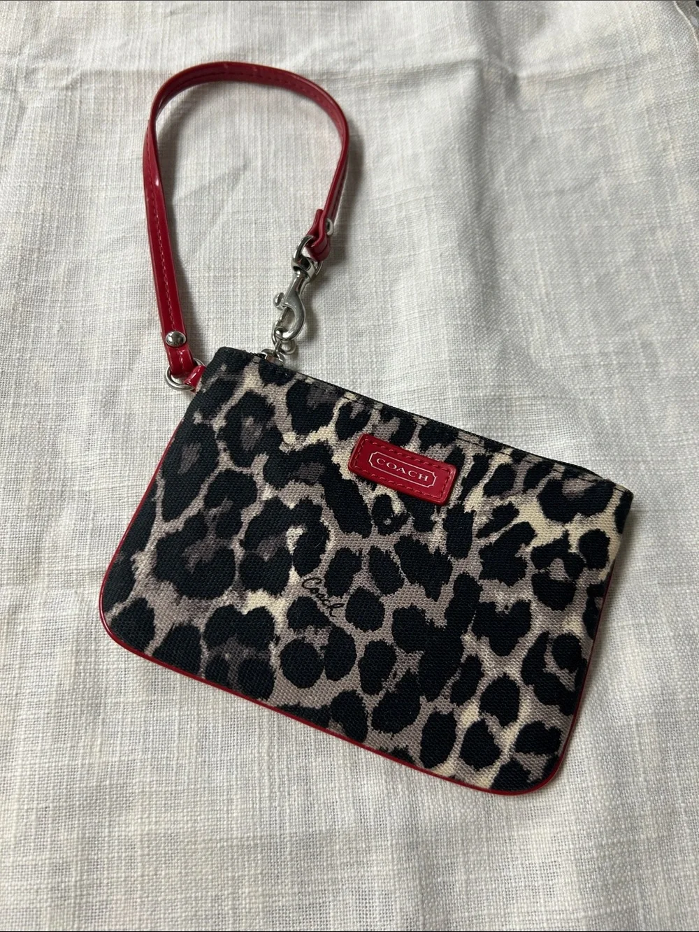 Coach Leopard Print Wristlet with Red Trim and Strap